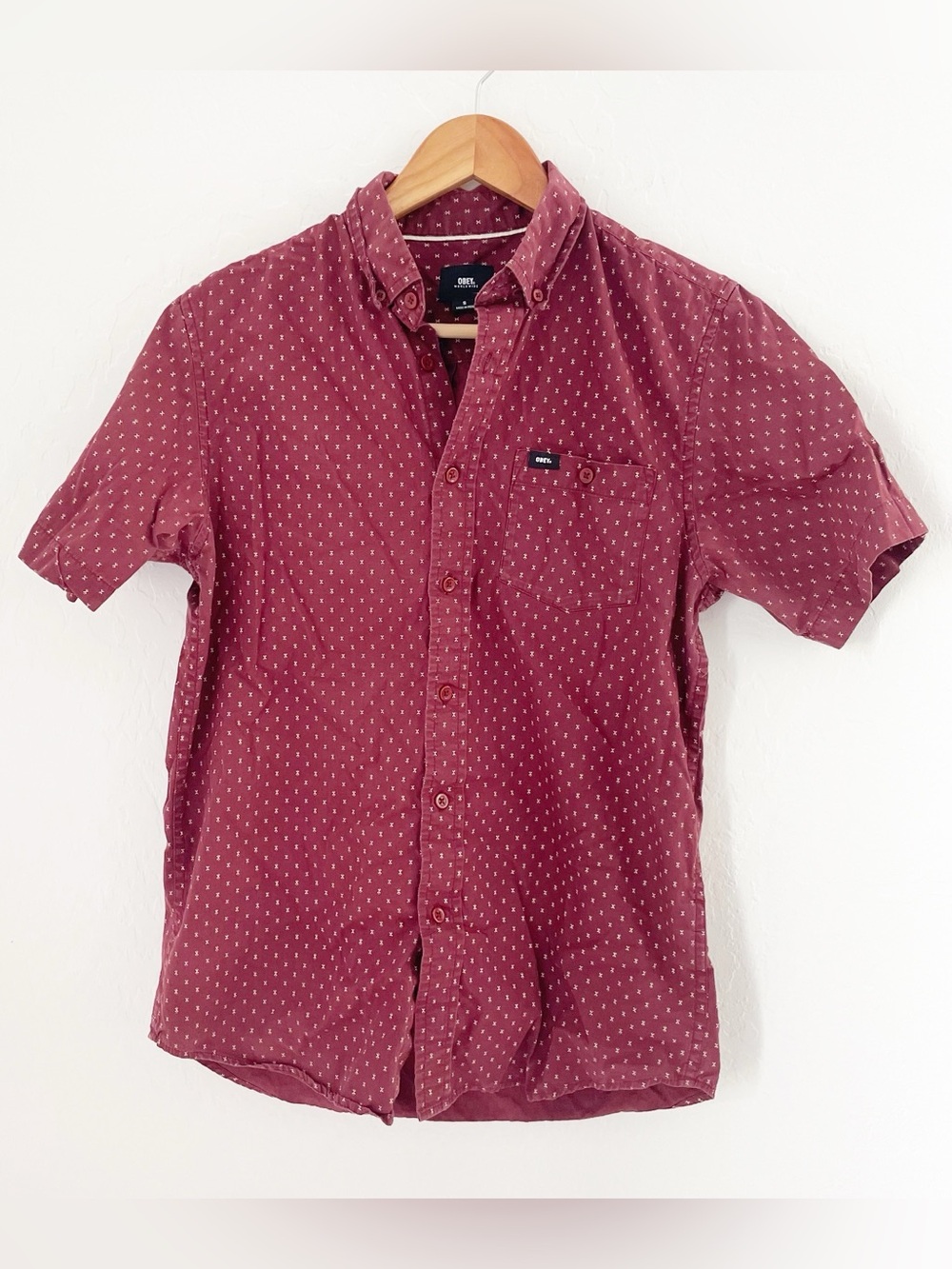 Obey red casual button down shirt size small